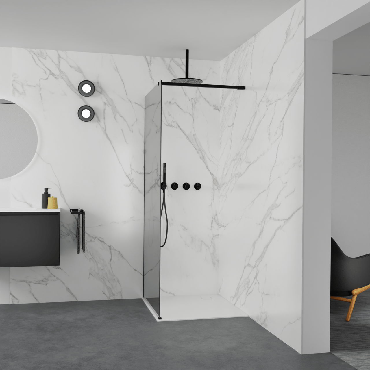 Balmani Modular inloopdouche: 90 x 200 cm, Reflex spiegelglas, Mat zwarte profielen