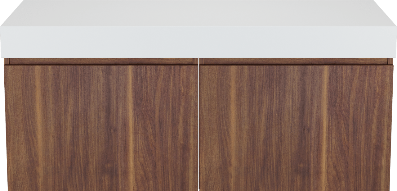 Balmani Sfera zwevend badmeubel 135 x 55 cm amerikaans notenhout met Dominus enkel of dubbel wastafelblad in solid surface mat wit