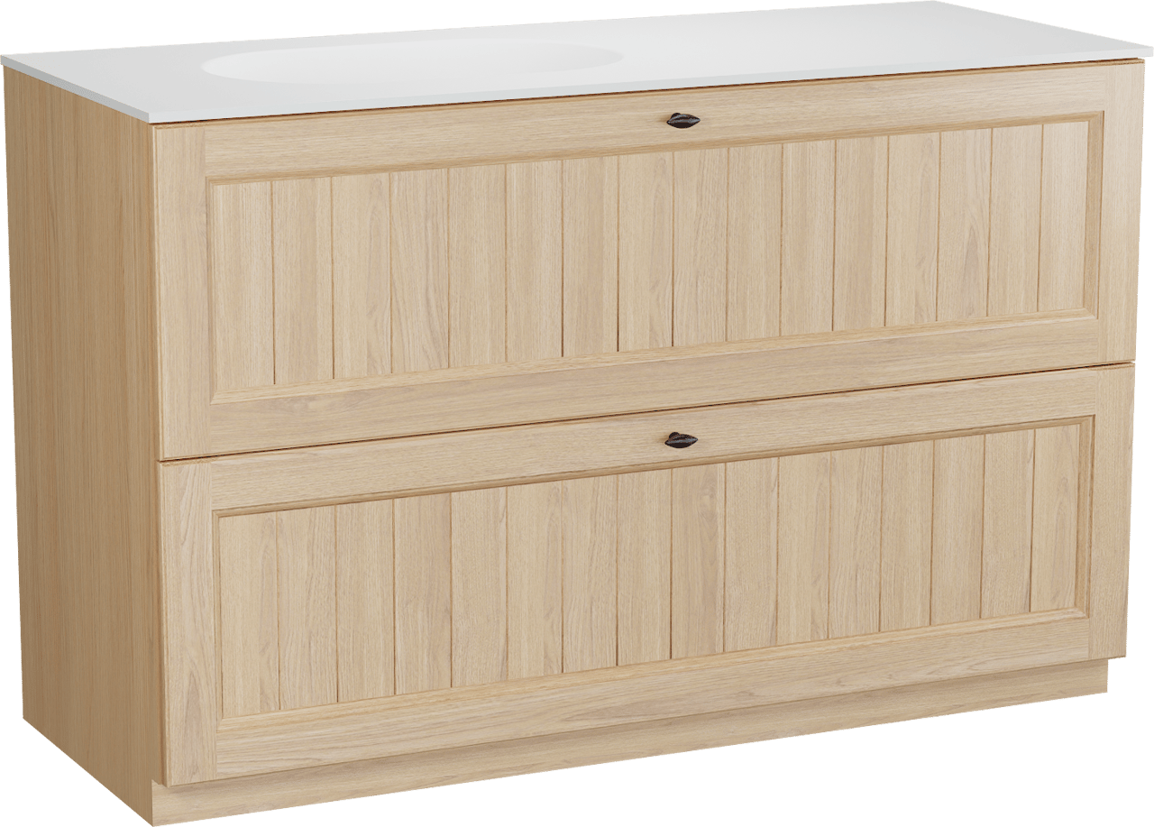 Balmani Lemon freistehendes Möbelstück Set: 135 x 55 cm, Naturbelassene Eiche Furnier, mit Tablo Oval Waschtisch links, Weiß matt