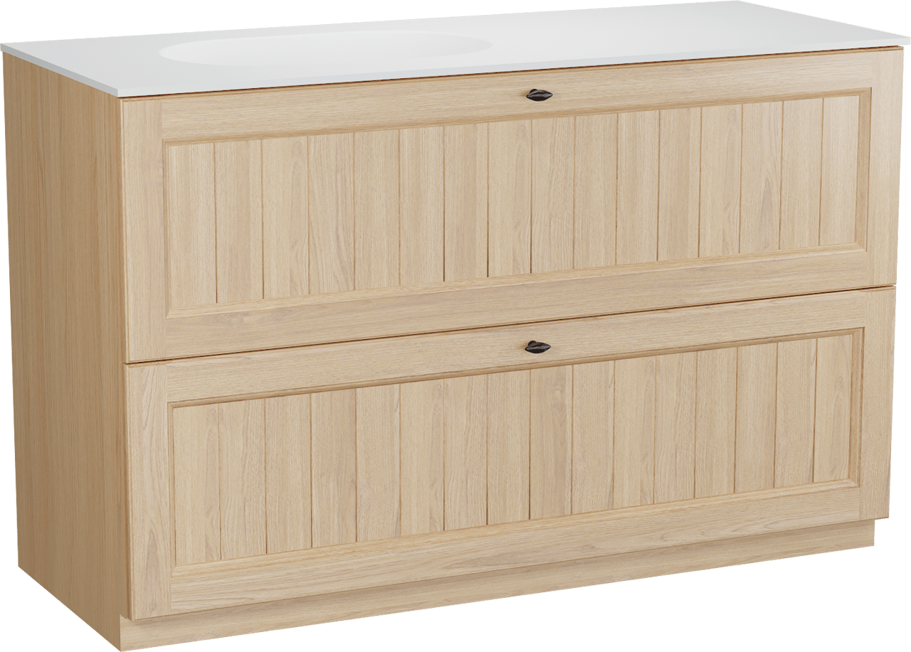 Balmani Lemon staand badkamermeubel 135 x 55 cm, fineer natuur eik met Tablo Oval asymmetrisch linkse wastafel in mat wit