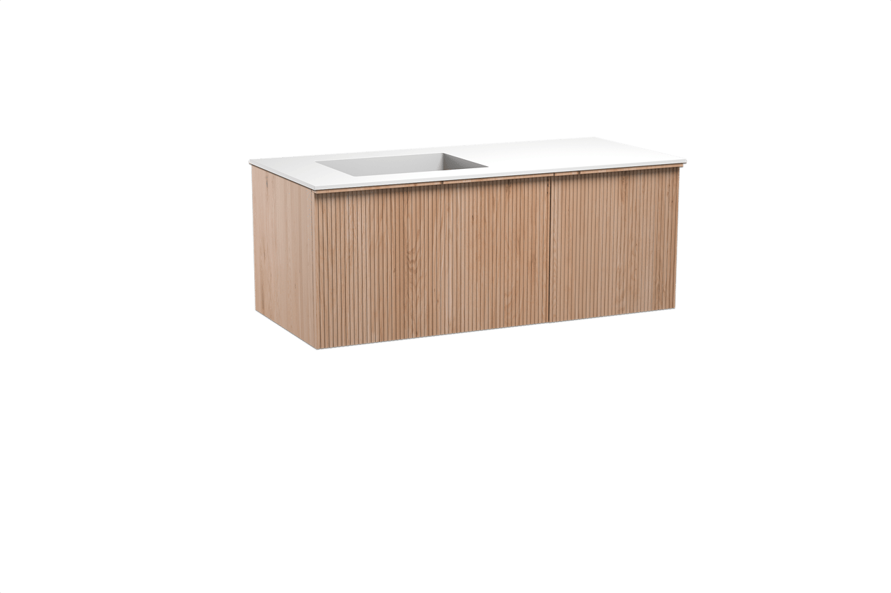 Balmani Forma hängendes Möbelstück Set: 120 x 55 cm, Naturbelassene Eiche, mit Tablo Stretto Waschtisch links, Solid Surface, Weiß matt, Vertikale symmetrische gerade Rippe