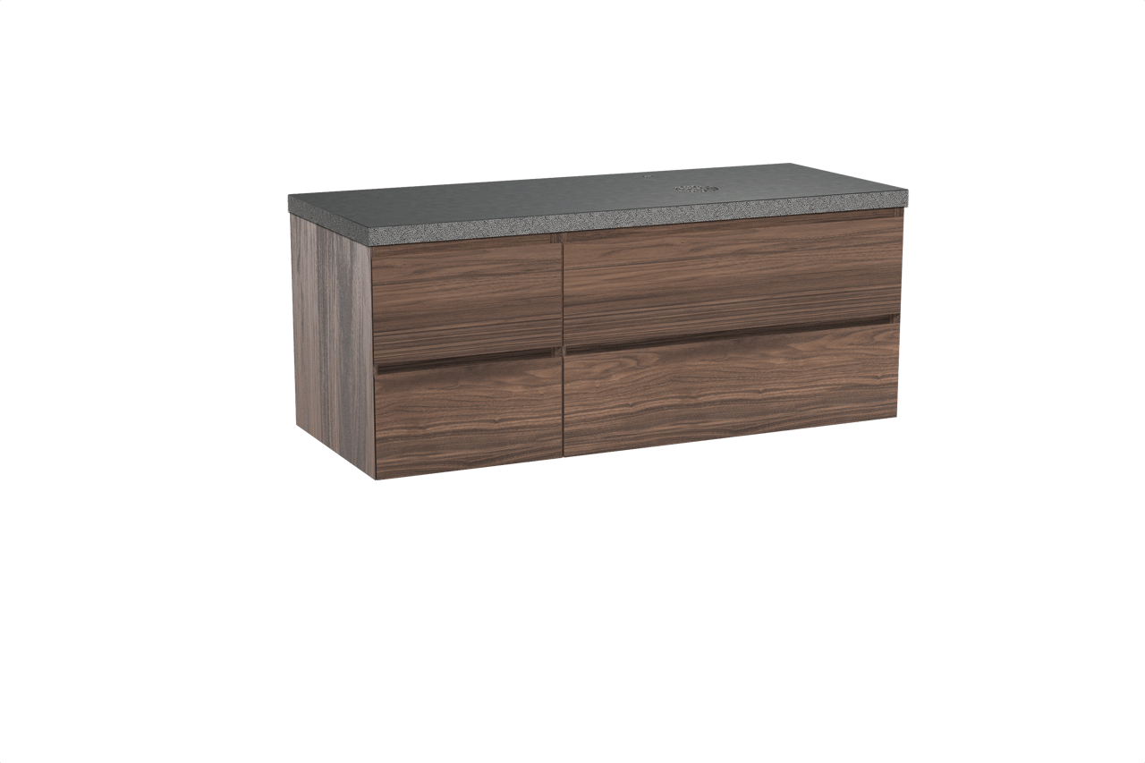 Balmani Mitra hängendes Möbelstück Set: 135 x 55 cm, Nussbaum, mit Rock Waschtisch rechts, Schwarzes Granit