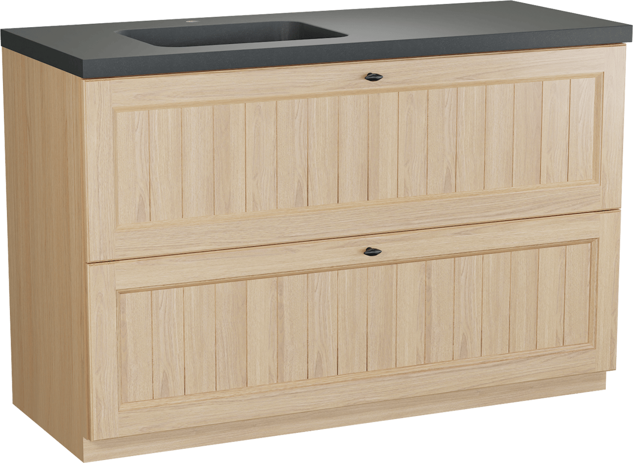 Balmani Lemon staand badmeubel 135 x 55 cm, fineer naturel eiken met Napoli asymmetrisch linkse wastafel in zwart graniet