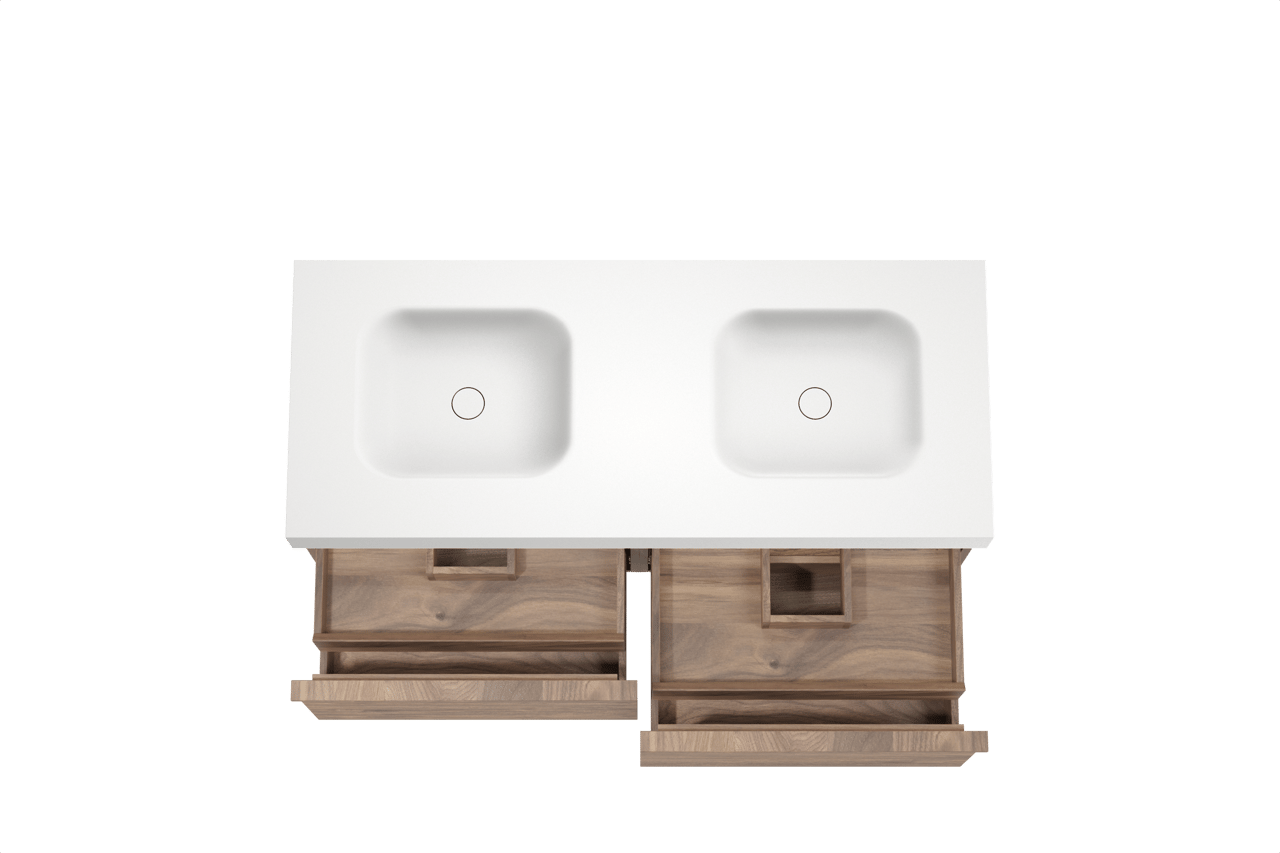 Balmani Forma zwevend badkamermeubel 135 x 55 cm amerikaanse notelaar met Arcato dubbele wastafel in solid surface mat wit, Horizontale symmetrische rechte ribbel