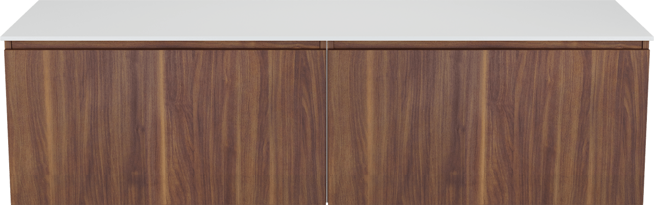 Balmani Sfera zwevend badmeubel 180 x 55 cm amerikaans notenhout met Stretto enkel of dubbel wastafelblad in solid surface mat wit