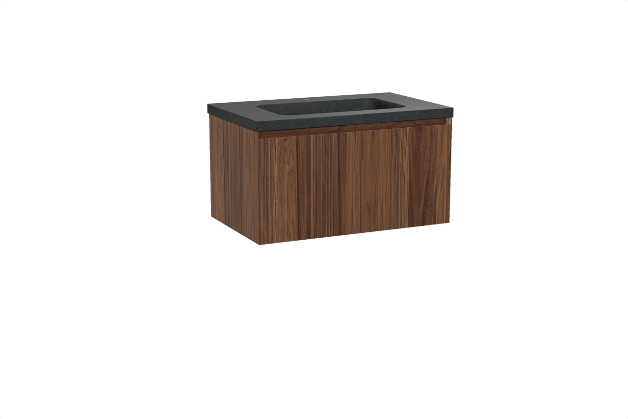 Balmani Idra hängendes Möbelstück Set: 90 x 55 cm, Nussbaum, mit Napoli Einzelwaschtisch, Schwarzes Granit