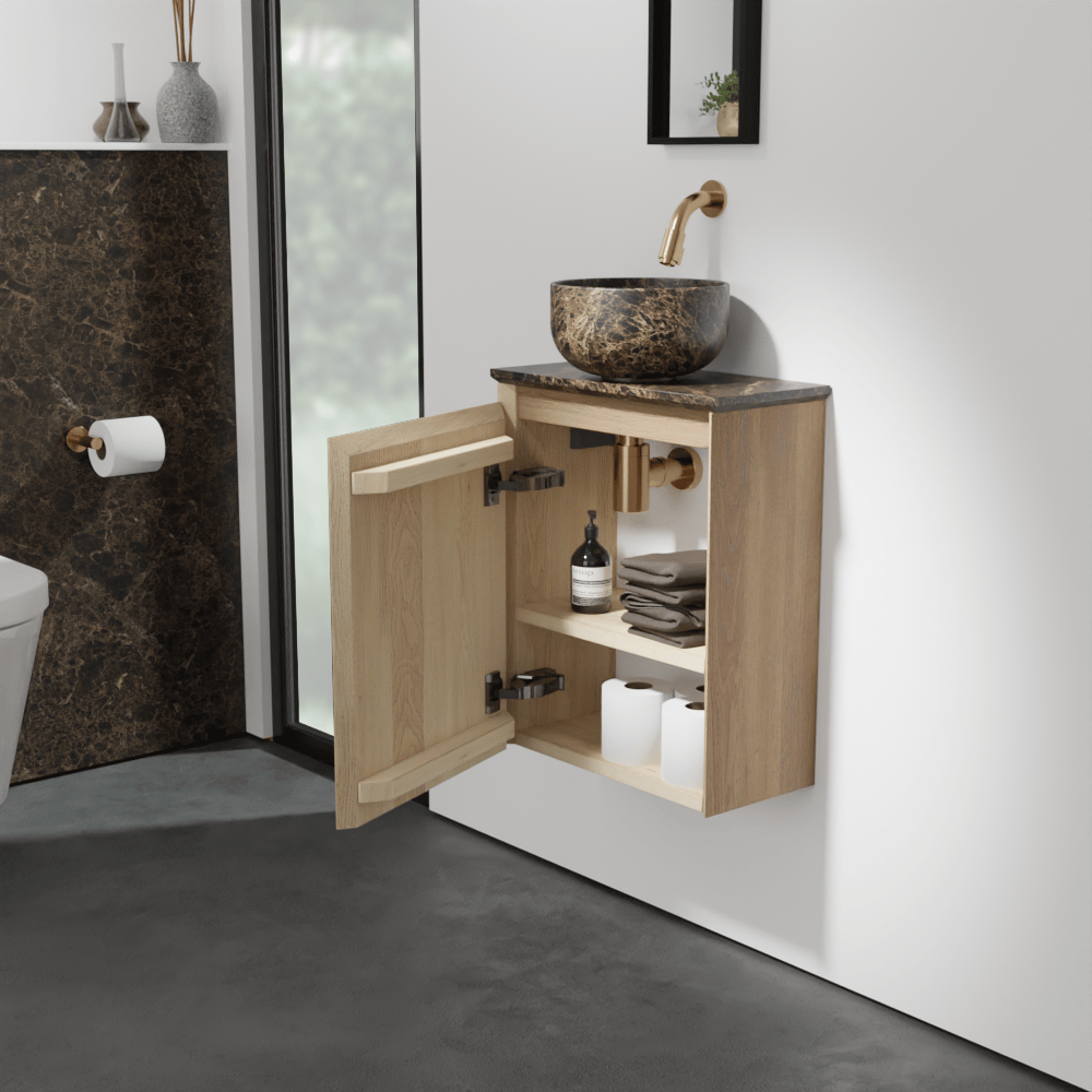 Balmani Mitra zwevend toiletmeubel 42 x 21 cm natuur eik met Facetta tablet en Bowl waskom in Dark Emperador marmer