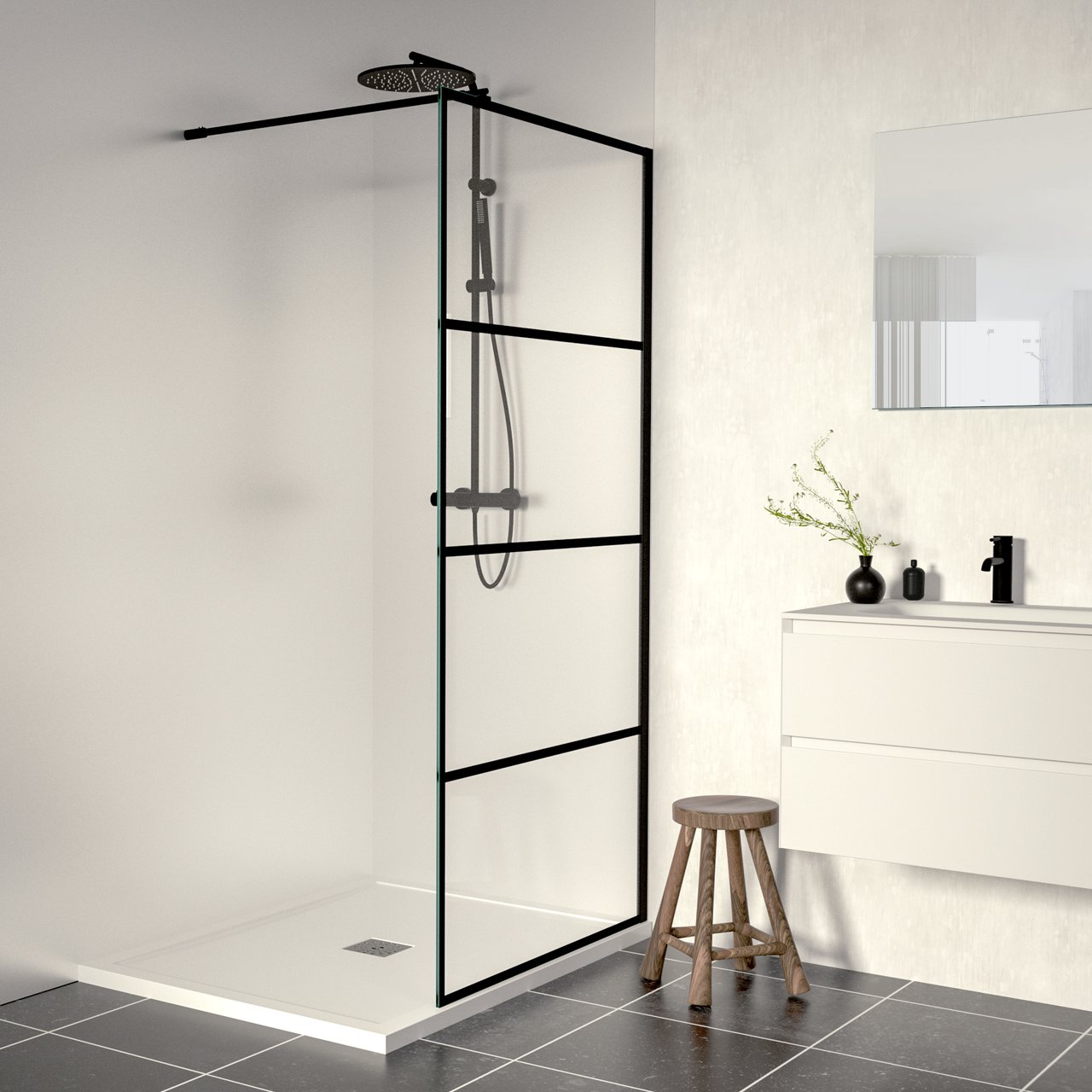 Linie Walk-In Walk-In Dusche: 100 x 200 cm, Stripes Glas, Schwarzes Profil, matt