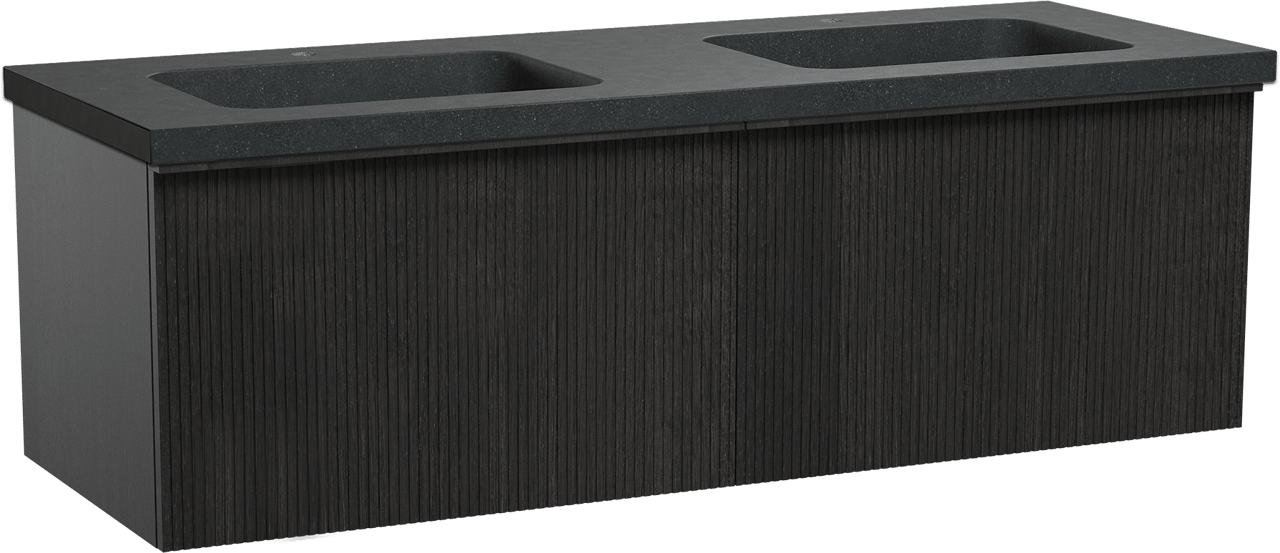 Balmani Forma meuble salle de bains suspendu 150 x 55 cm chêne noir avec Napoli double vasque en granit noir, Nervure droite symétrique verticale