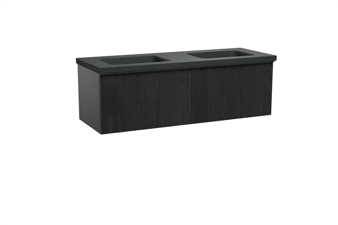 Balmani Forma hängendes Möbelstück Set: 150 x 55 cm, Schwarze Eiche, mit Napoli Doppelwaschtisch, Granit, Schwarzes Granit, Vertikale symmetrische gerade Rippe
