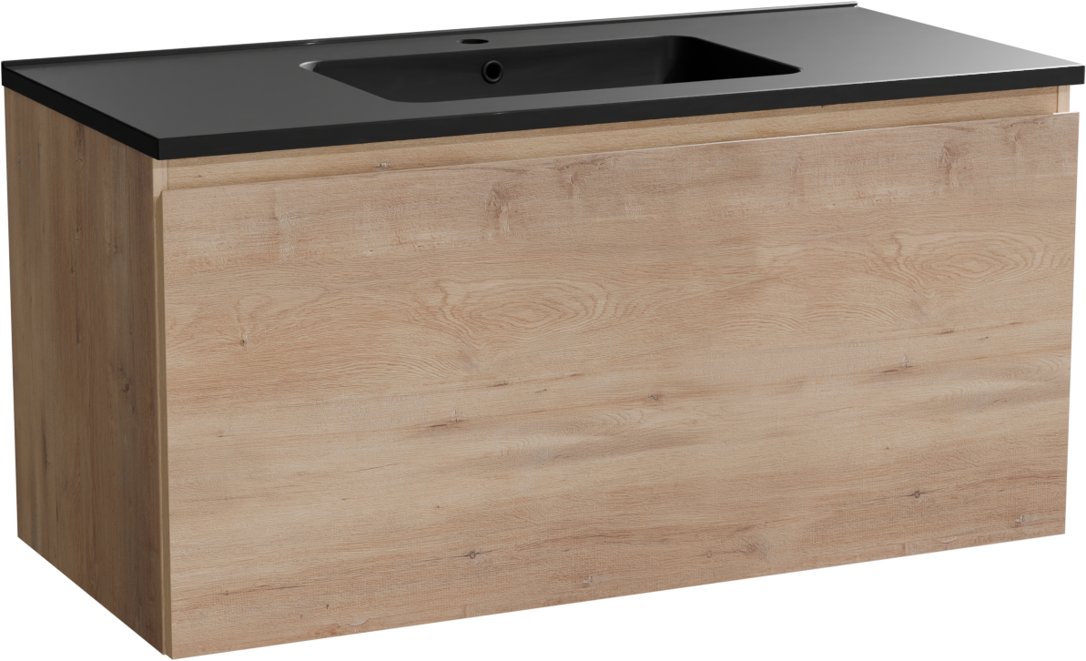 Linie Lado zwevend badkamermeubel 100 x 46 cm natuur eik met Vano enkele wastafel in composietmarmer mat zwart