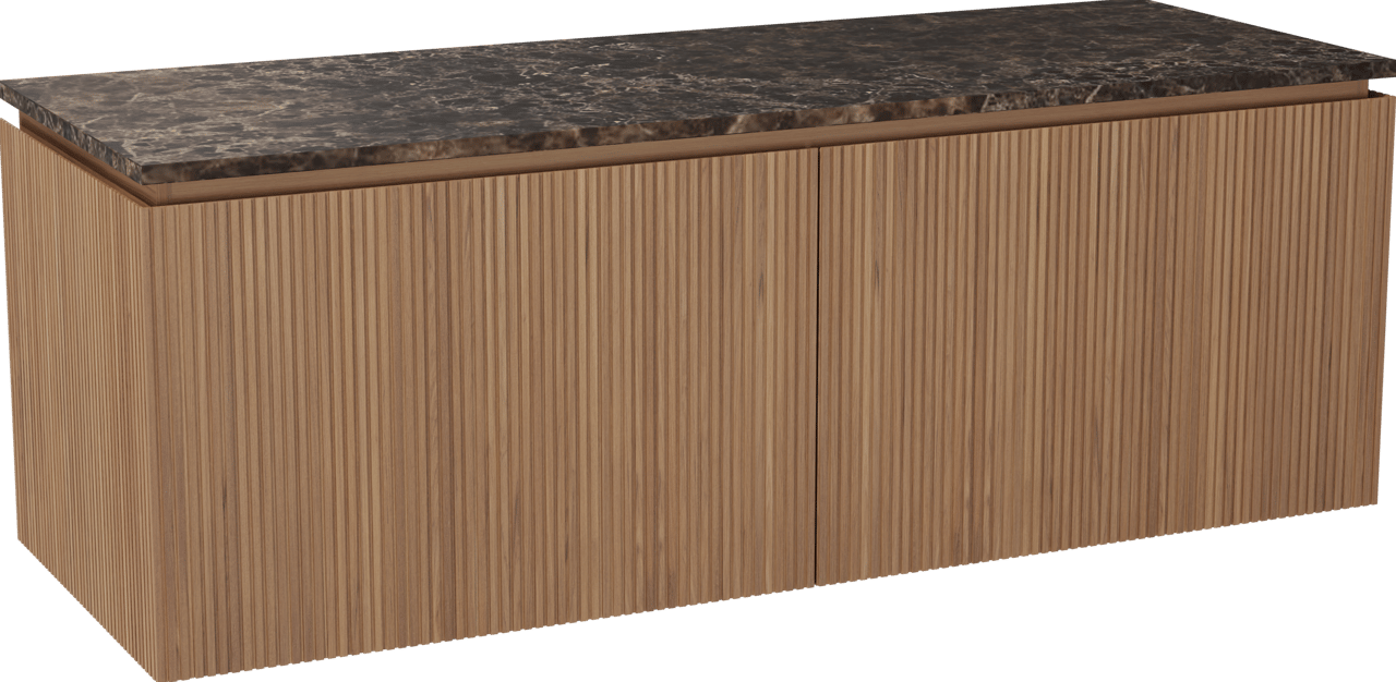 Balmani Eclips hängendes Möbelstück Set: 150 x 55 cm, Teak, mit Stretto Einzel- oder Doppel Waschtischplatte Marmor Dark Emperador, Vertikale symmetrische gerade Rippe