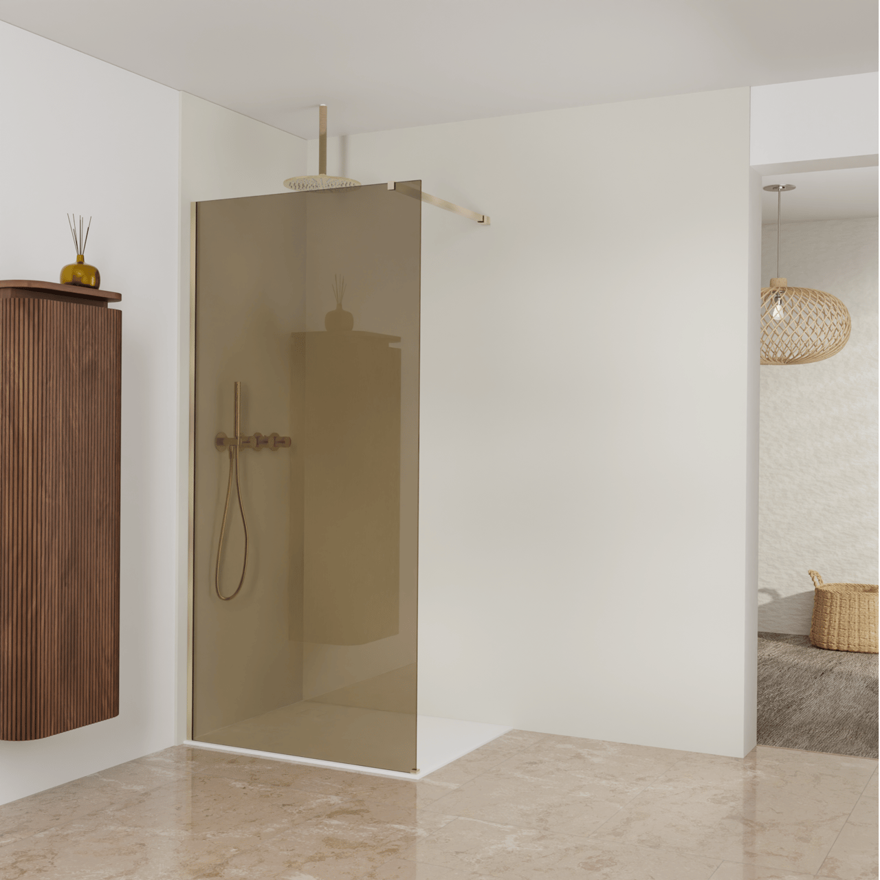 Balmani Modular Walk-In Dusche: 100 x 200 cm, Bronze Glas, Profil Brushed Champagne Gold