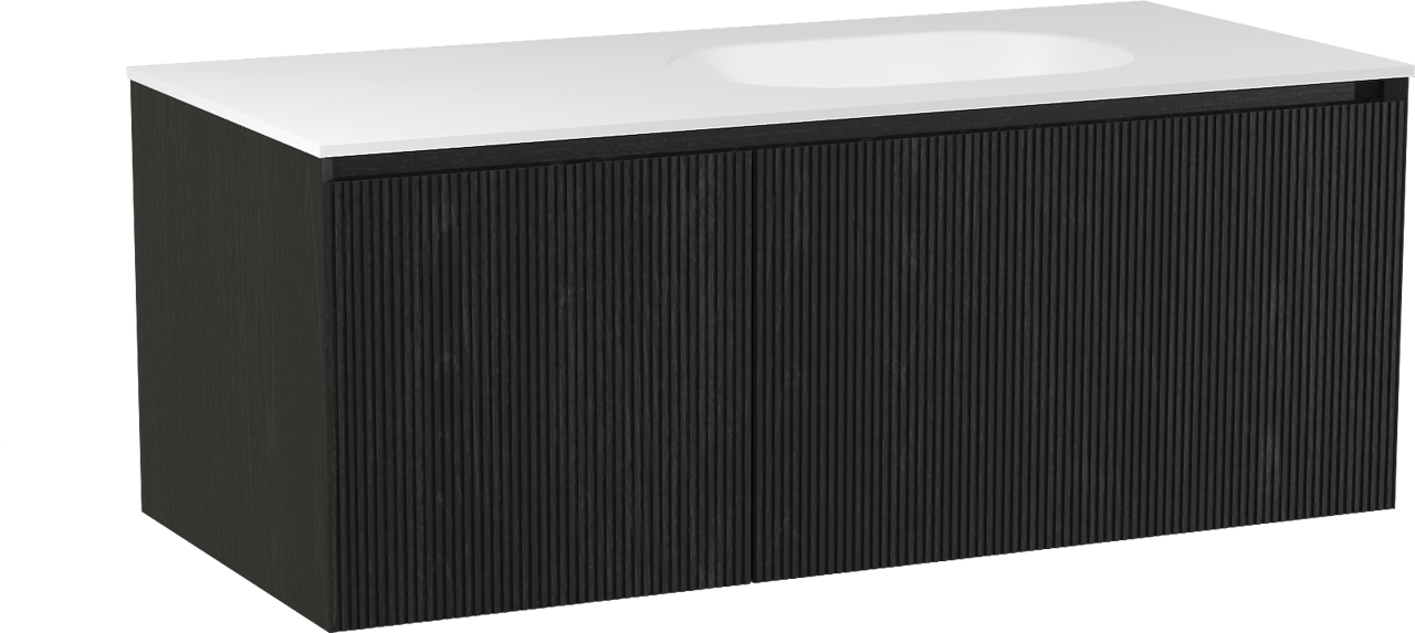 Balmani Fila meuble salle de bains suspendu 120 x 55 cm chêne noir avec Tablo Oval plan vasque asymétrique à droite en solid surface blanc mat, Nervure droite symétrique verticale