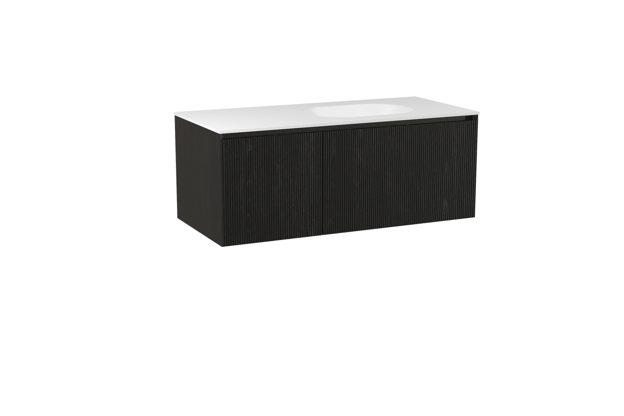 Balmani Fila zwevend badmeubel 120 x 55 cm zwart eiken met Tablo Oval asymmetrisch rechtse wastafel in solid surface mat wit, Verticale symmetrische rechte ribbel