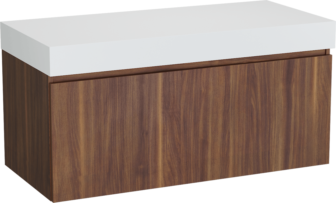 Balmani Sfera zwevend badmeubel 120 x 55 cm amerikaans notenhout met Dominus enkel of dubbel wastafelblad in solid surface mat wit