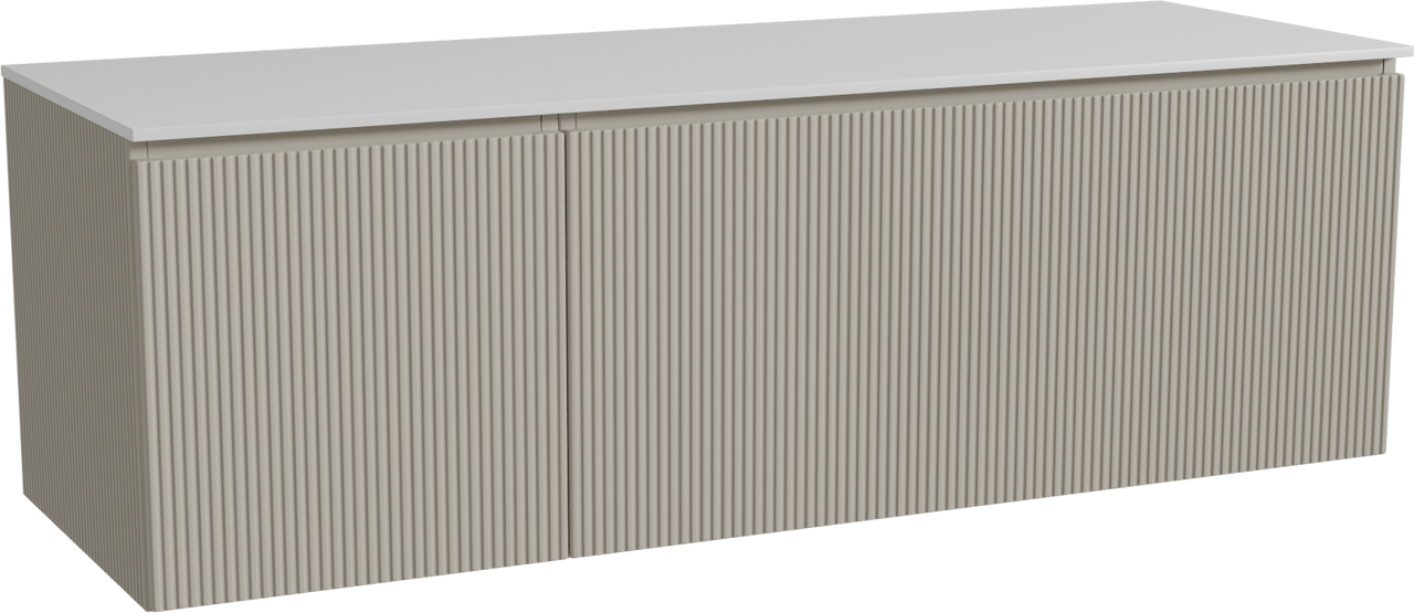 Storke Ribs zwevend badmeubel 150 x 52 cm zijdegrijs met Tavola enkel of dubbel wastafelblad in solid surface mat wit, Verticale symmetrische rechte ribbel