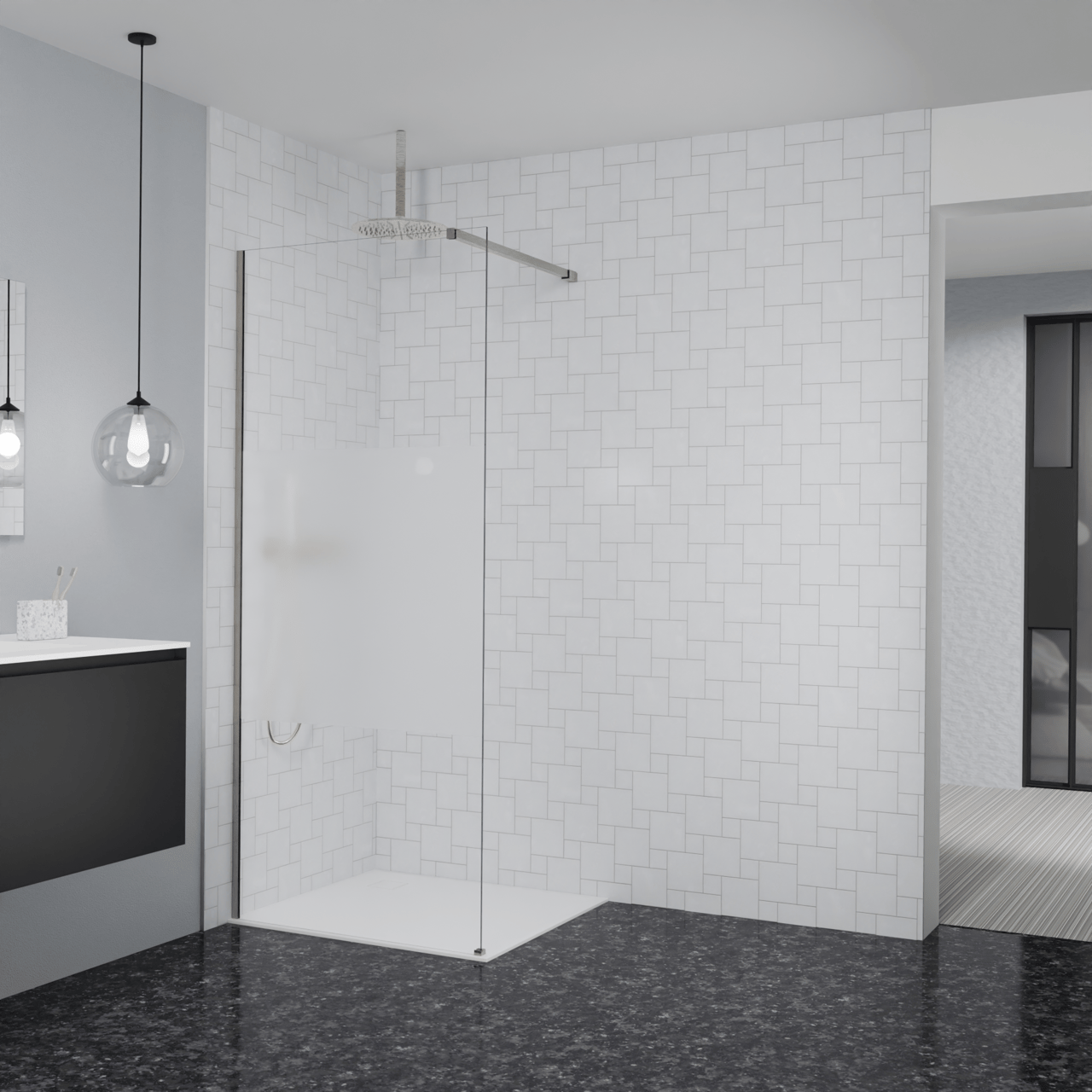 Balmani Modular inloopdouche: 90 x 200 cm, Helder glas met matte strook, Brushed CoolMetal profielen