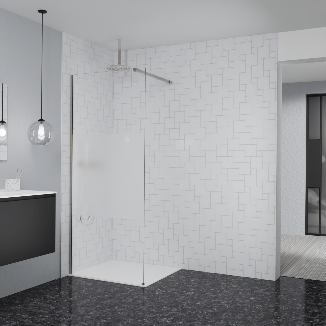 Balmani Modular douche à l'italienne: 90 x 200 cm, Verre transparent avec bande matte, Profil Brushed CoolMetal