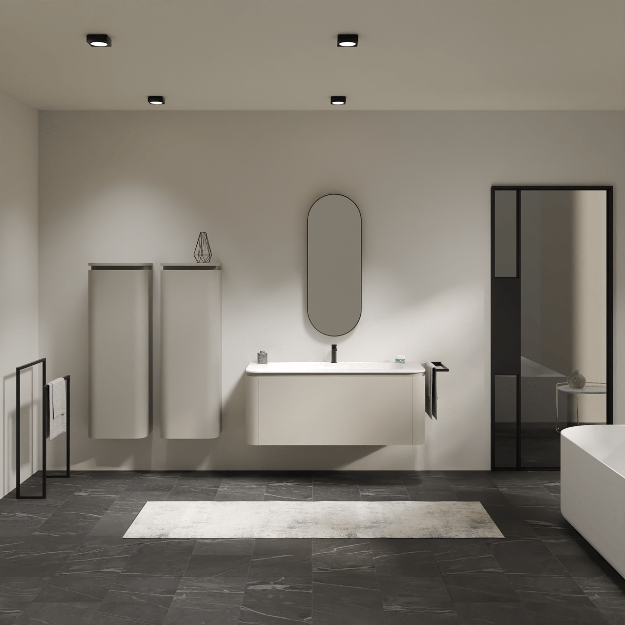 Balmani Moon zwevend badkamermeubel 130 x 55 cm zijdegrijs met Moon enkel of dubbel tablet in solid surface mat wit