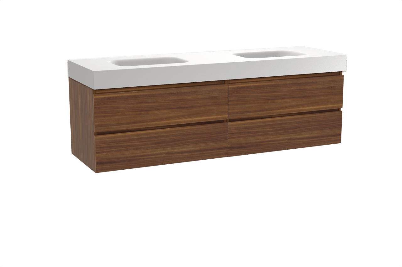 Balmani Lucida meuble salle de bains suspendu 180 x 55 cm noyer américain avec Arcato double vasque en solid surface blanc mat