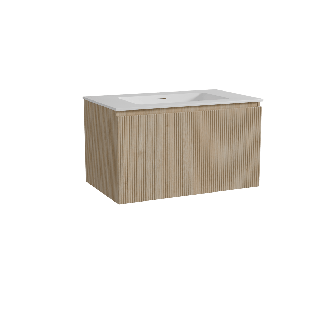 Storke Ribs meuble salle de bains suspendu 85 x 52 cm chêne brut avec Mata plan simple en solid surface blanc mat, Nervure droite symétrique verticale