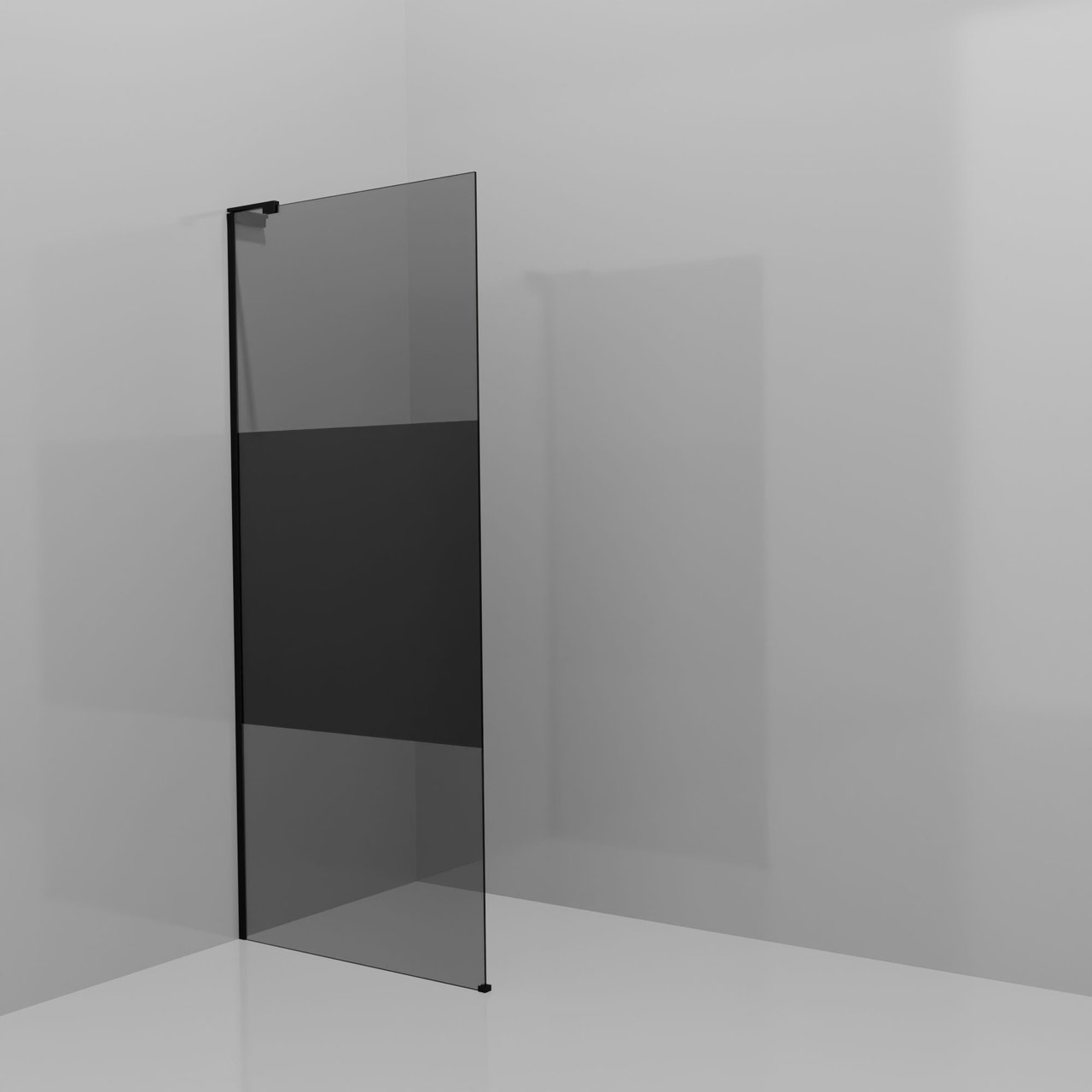 Balmani Modular inloopdouche: 90 x 200 cm, Rookglas met matte strook, Mat zwarte profielen met L-Shape