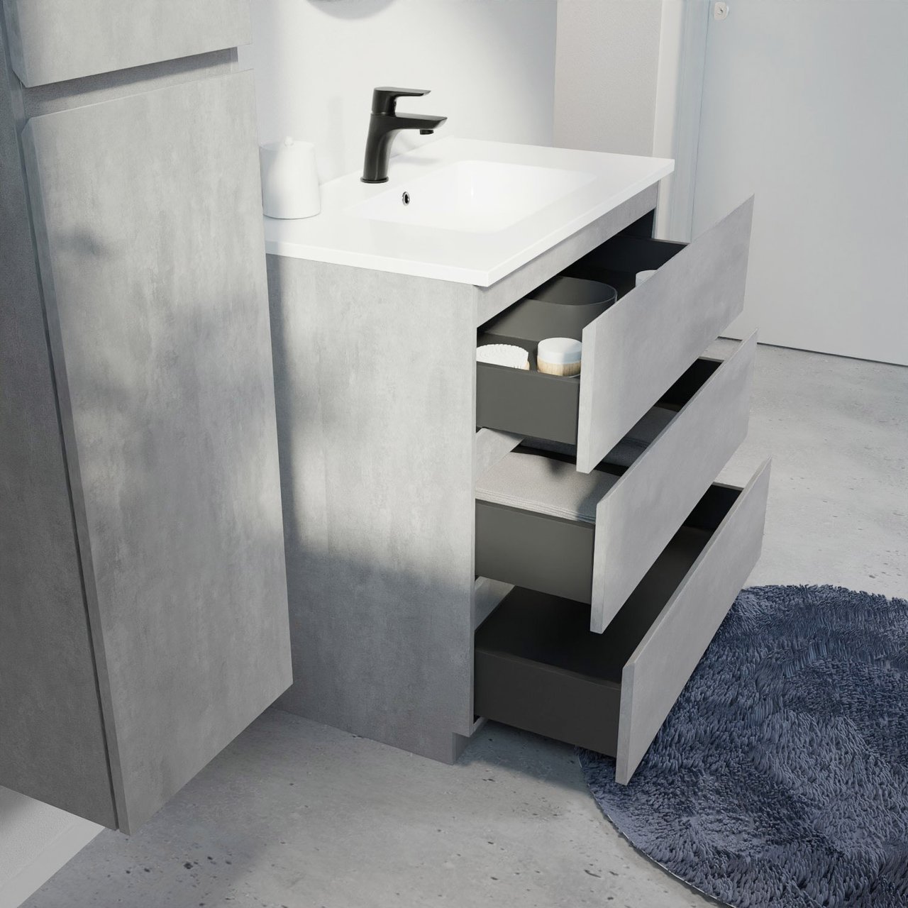 Linie Lado staand badmeubel 80 x 46 cm beton donkergrijs met Vano enkele wastafel in composietmarmer hoogglans wit