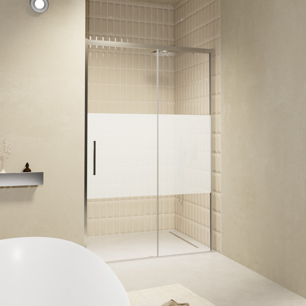 Balmani Senses Design douche schuifdeur rechts 120 cm x 210 cm Helder glas met matte strook glas, Chroom profielen, met coating