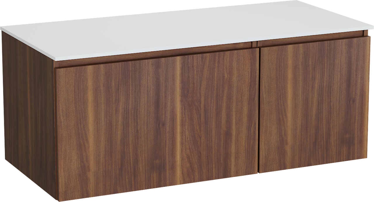 Balmani Sfera zwevend badkamermeubel 120 x 55 cm amerikaanse notelaar met Stretto enkel of dubbel tablet in solid surface mat wit