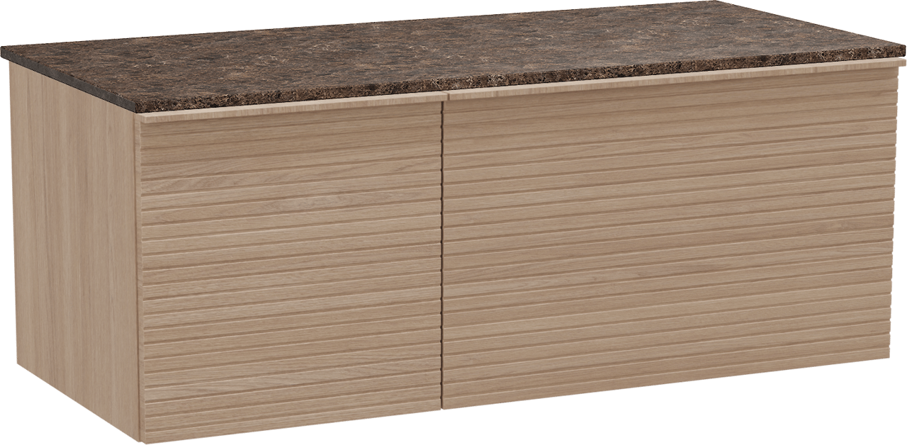 Balmani Forma zwevend badkamermeubel 120 x 55 cm natuur eik met Stretto enkel of dubbel tablet in marmer dark emperador, Horizontale symmetrische rechte ribbel