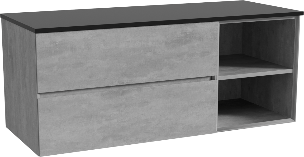 Storke Edge zwevend badkamermeubel 130 x 52 cm beton donkergrijs met Panton enkel of dubbel tablet in gepoedercoate mdf mat zwart