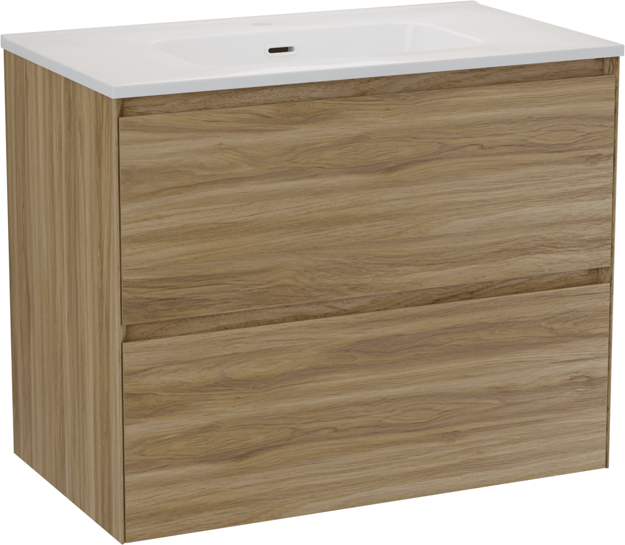 Balmani Mitra Compact hängendes Möbelstück Set: 80 x 46 cm, Wildeiche, mit Nostra Einzelwaschtisch Keramik Weiβ glänzend