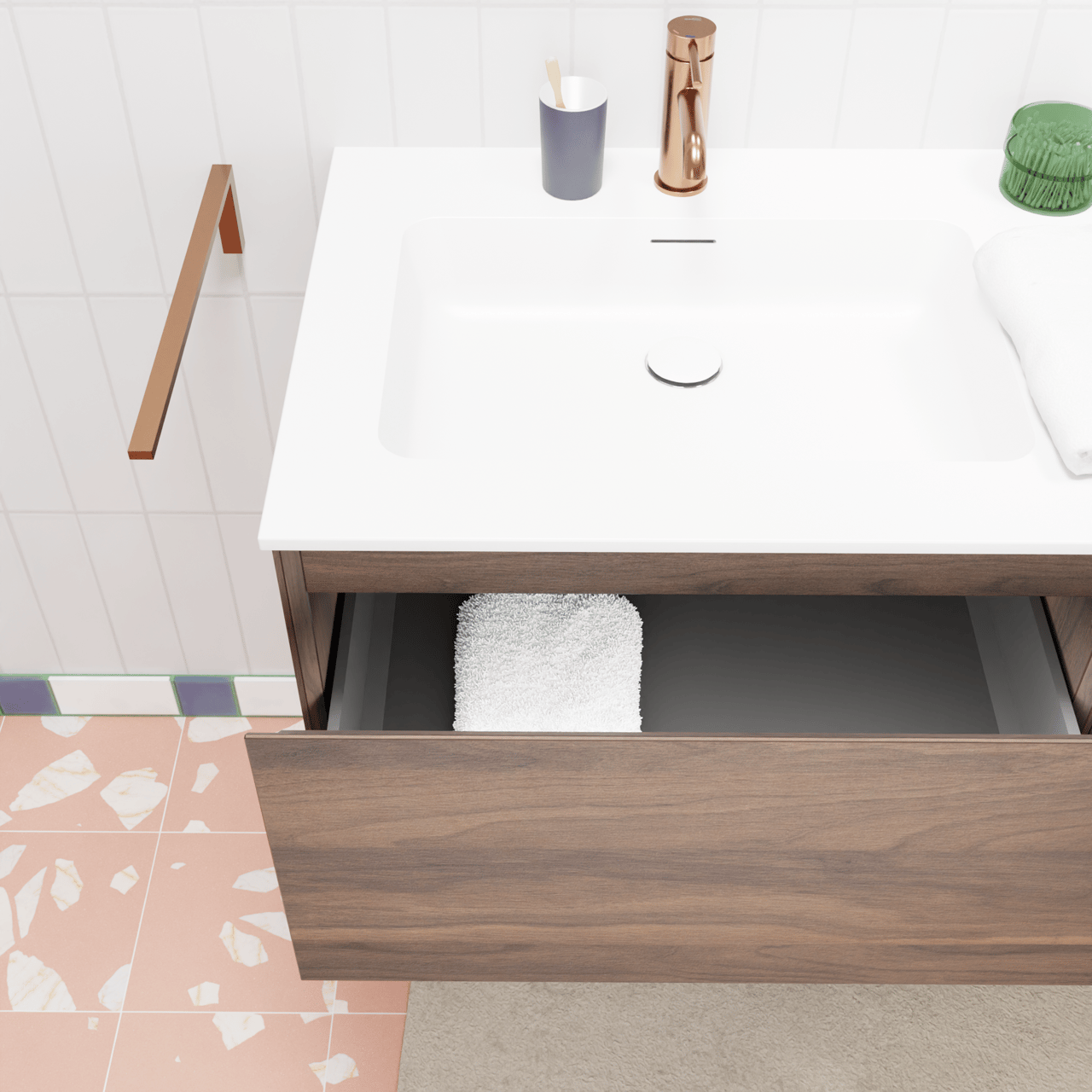 Storke Edge hängendes Möbelstück Set: 110 x 52 cm, Nussbaum, mit Mata Waschtisch links, Solid Surface Weiß matt