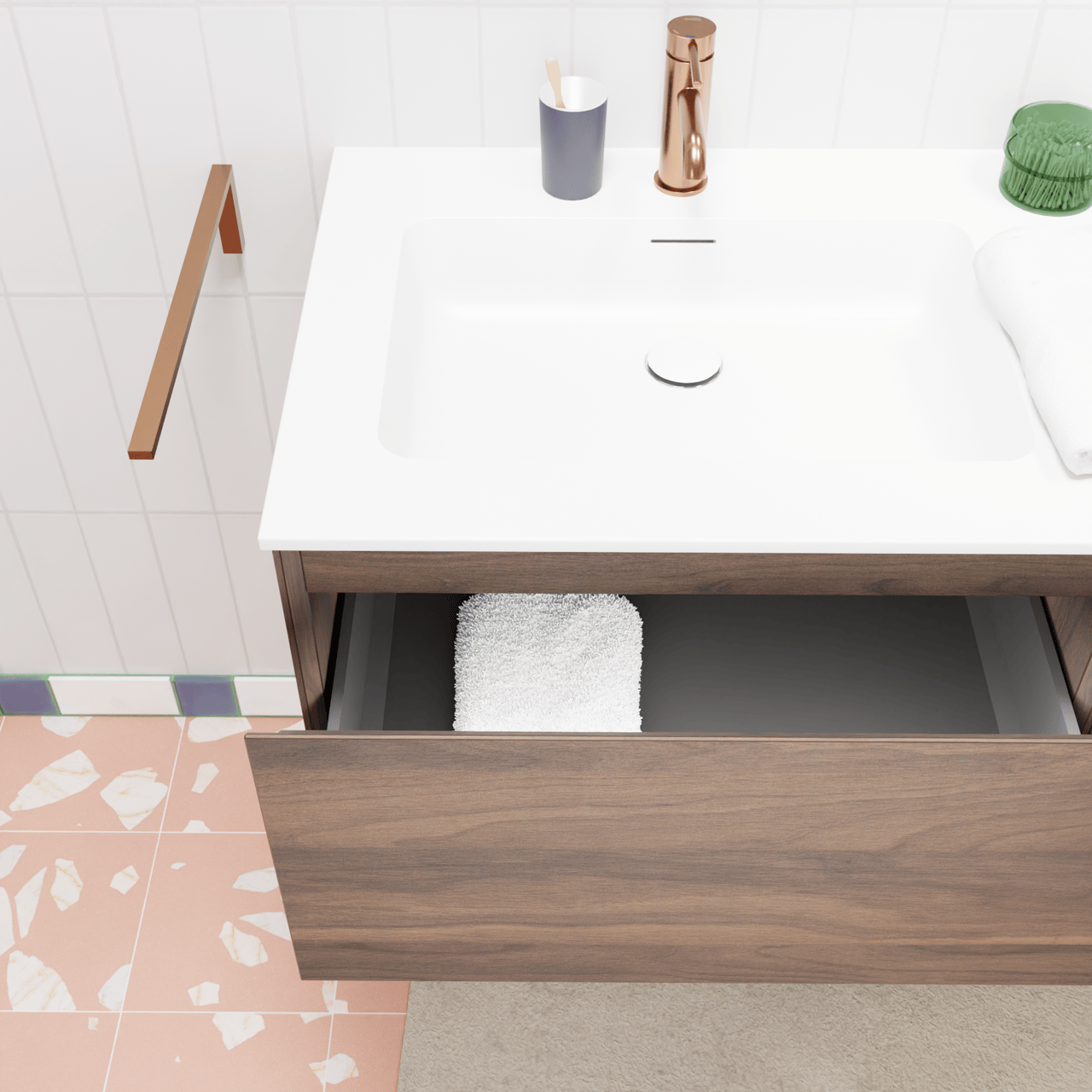 Storke Edge zwevend badkamermeubel 130 x 52 cm notelaar met Mata asymmetrisch rechtse wastafel in solid surface mat wit