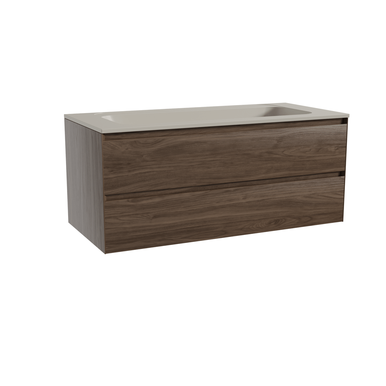 Balmani Mitra hängendes Möbelstück Set: 120 x 55 cm, Amerikanischer Nussbaum, mit Tablo Strada Einzelwaschtisch für 2 Armaturenlöcher, Marmorkomposit Seidengrau