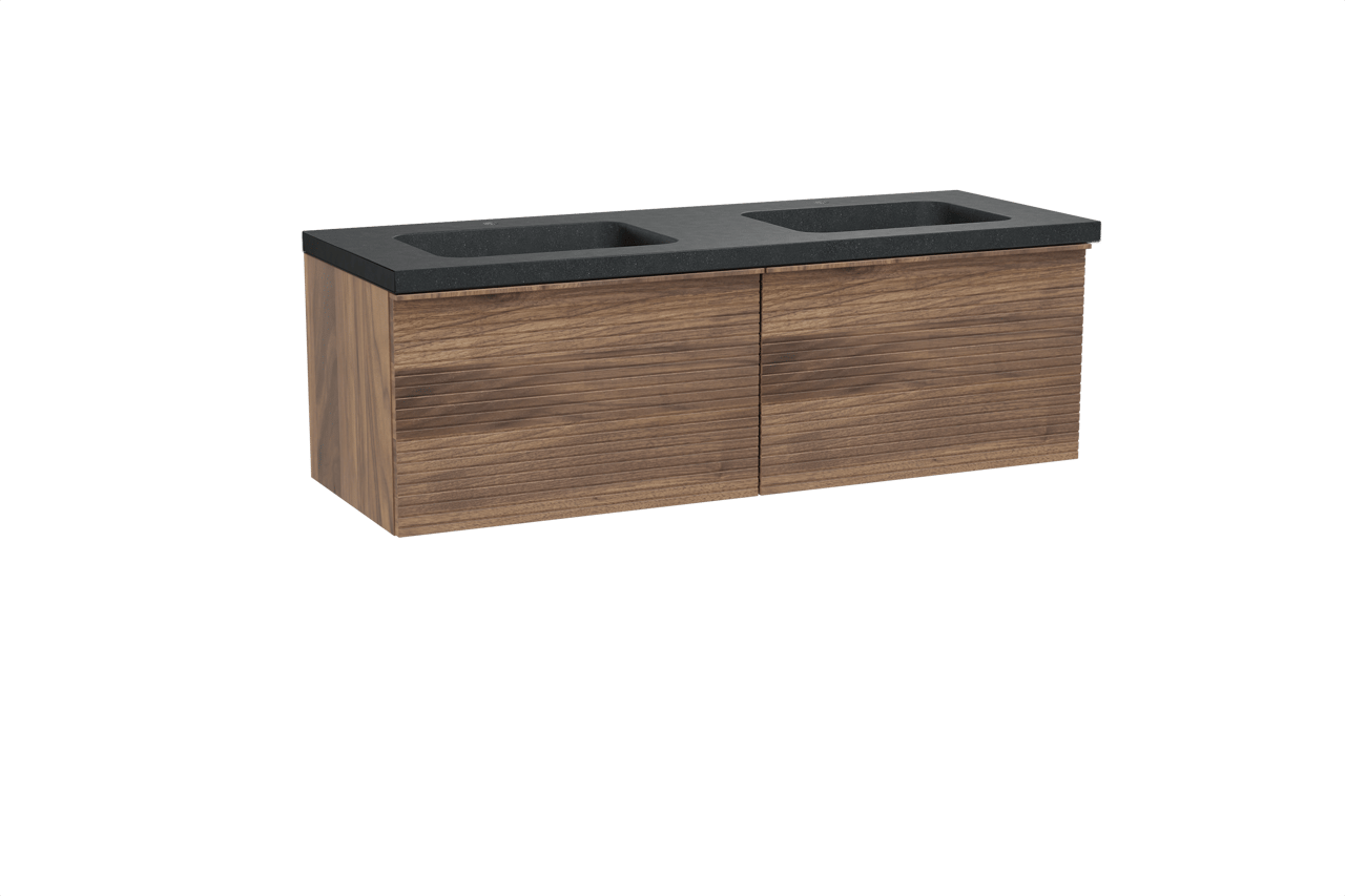 Balmani Forma hängendes Möbelstück Set: 150 x 55 cm, Amerikanischer Nussbaum, mit Napoli Doppelwaschtisch, Granit, Schwarzes Granit, Horizontale symmetrische gerade Rippe