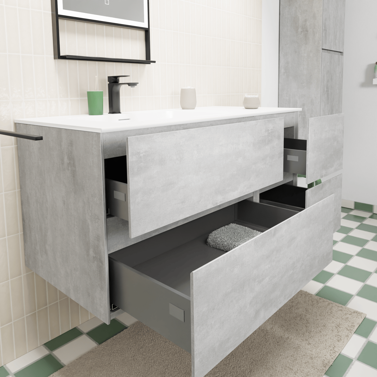 Storke Edge zwevend badmeubel 110 x 52 cm beton donkergrijs met Mata asymmetrisch linkse wastafel in solid surface mat wit