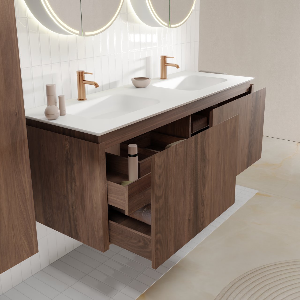 Balmani Eclips meuble salle de bains suspendu 150 x 55 cm Noyer américain avec Eclips double vasque en Solid Surface blanc mat