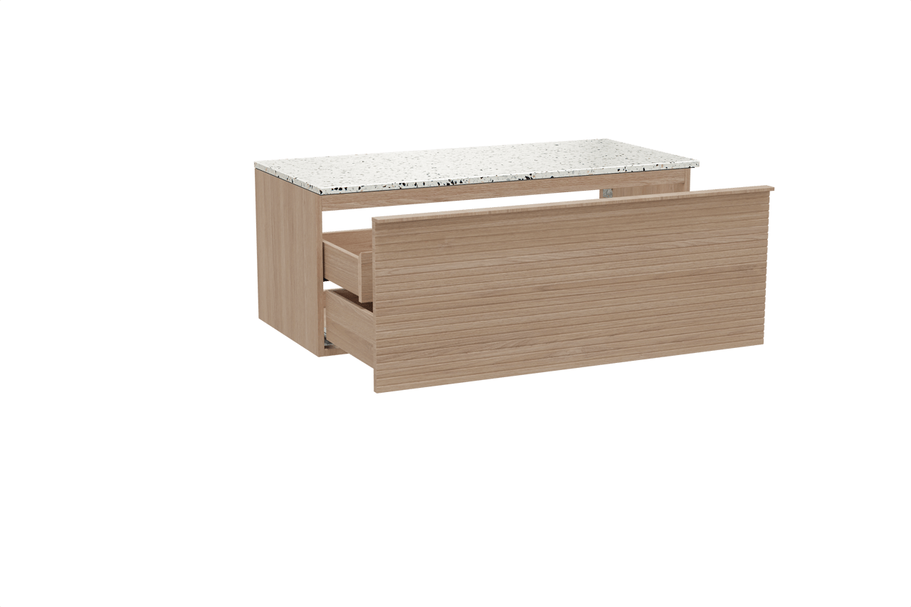 Balmani Forma meuble salle de bains suspendu 120 x 55 cm chêne naturel avec Stretto tablette simple ou double en blanc/noir mat terrazzo, Nervure droite symétrique horizontale