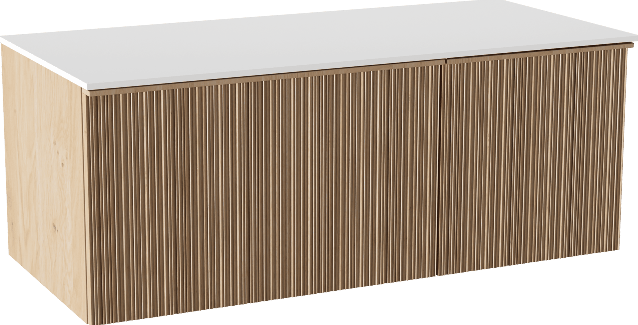 Balmani Forma zwevend badkamermeubel 120 x 55 cm natuur eik met Stretto enkel of dubbel tablet in solid surface mat wit, Verticale asymmetrische ronde ribbel