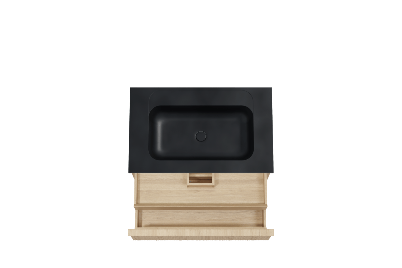 Balmani Forma zwevend badmeubel 90 x 55 cm naturel eiken met Tablo Strada enkele wastafel in composietmarmer mat zwart, Verticale asymmetrische ronde ribbel
