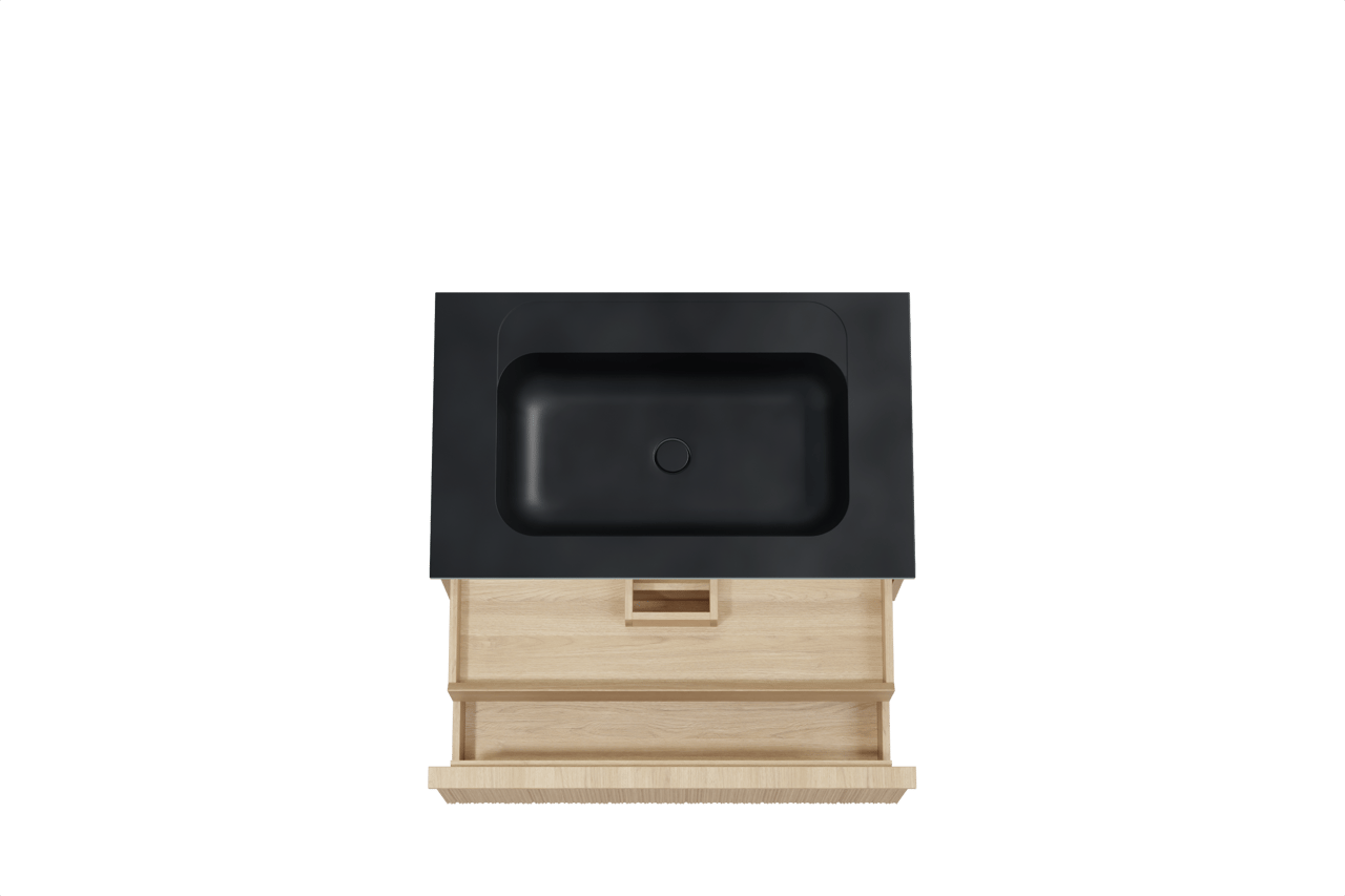 Balmani Forma meuble salle de bains suspendu 90 x 55 cm chêne naturel avec Tablo Strada plan simple en marbre composite noir mat, Nervure circulaire asymétrique verticale