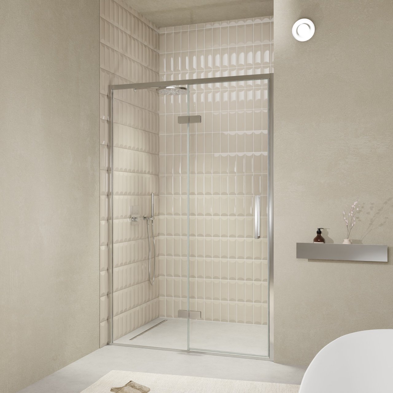 Balmani Senses Design Dusche Drehtür, Links, 140 cm x 210 cm, Klarglas, Profil Chrom