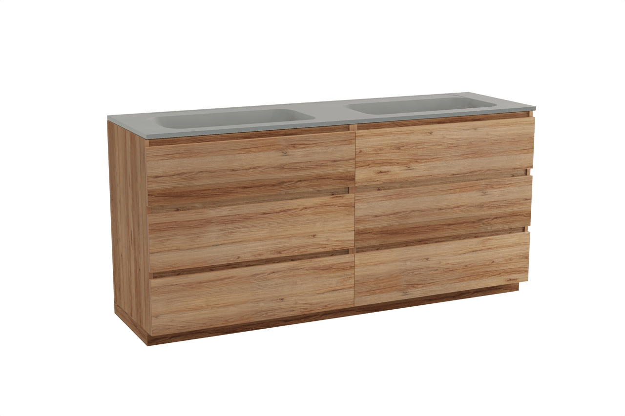 Balmani Lucida meuble salle de bains à poser 180 x 55 cm teck avec Tablo Strada double vasque en marbre composite soie grise