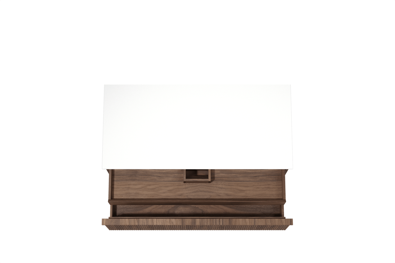 Balmani Forma hängendes Möbelstück Set: 120 x 55 cm, Amerikanischer Nussbaum, mit Stretto Einzel- oder Doppel Waschtischplatte, Solid Surface, Weiß matt, Vertikale symmetrische gerade Rippe