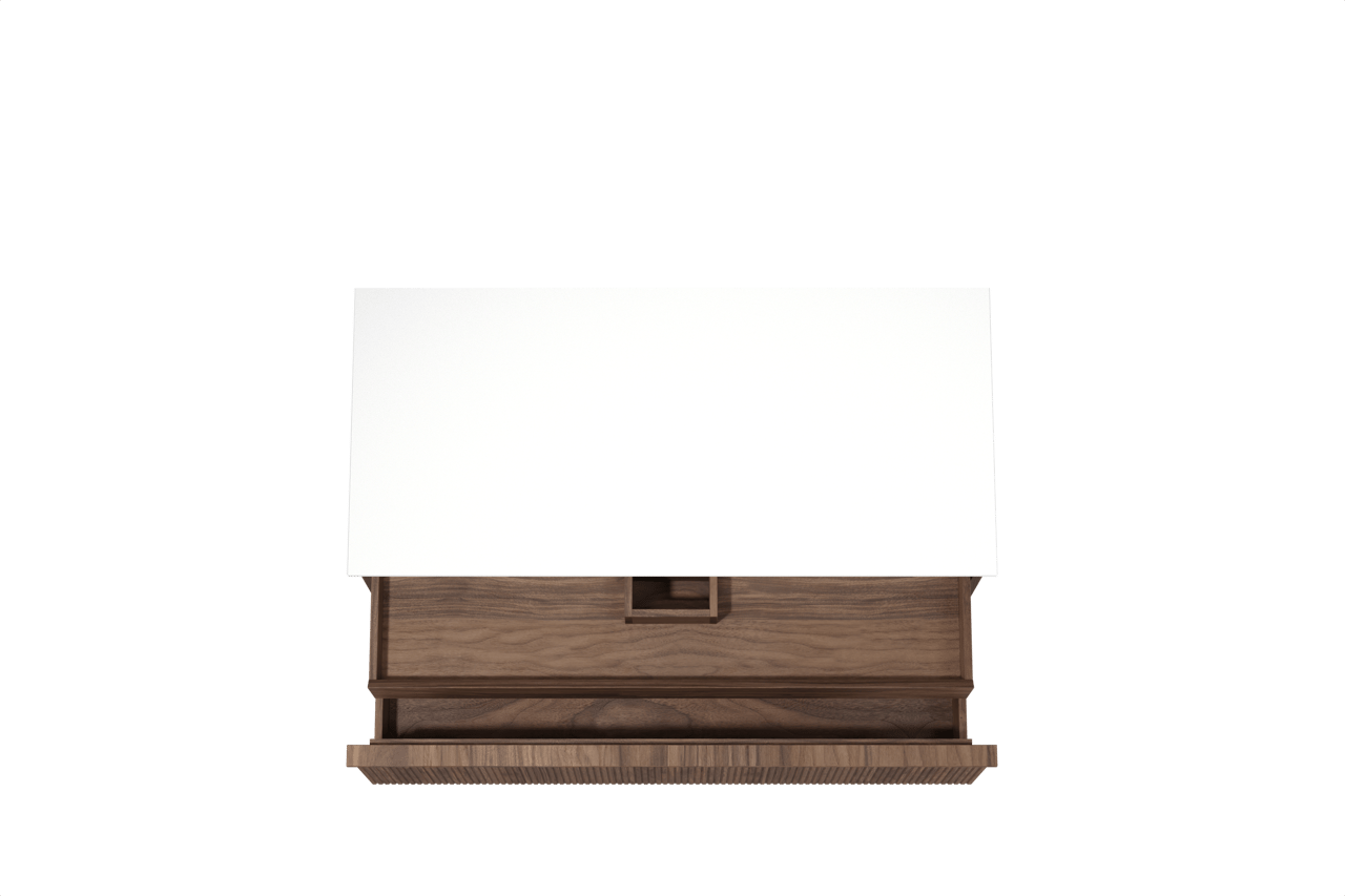 Balmani Forma zwevend badkamermeubel 120 x 55 cm amerikaanse notelaar met Stretto enkel of dubbel tablet in solid surface mat wit, Verticale symmetrische rechte ribbel