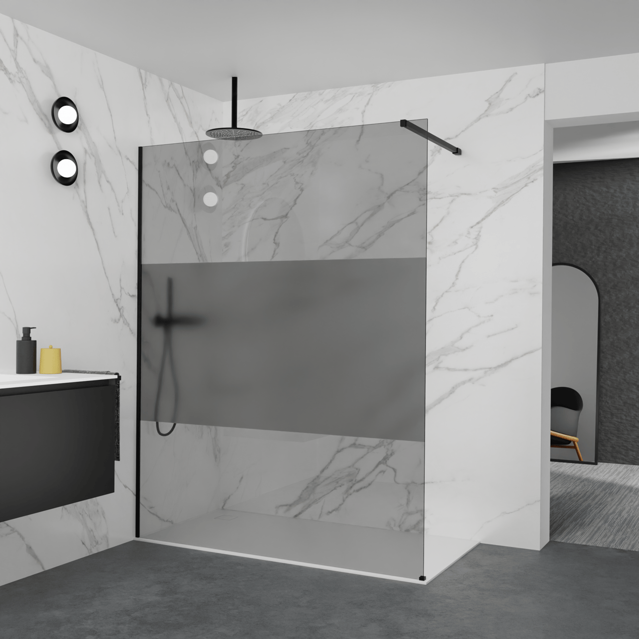Balmani Modular Walk-In Dusche: 160 x 200 cm, Rauchglas mit mattiertem Streifen, Profil Schwarz matt