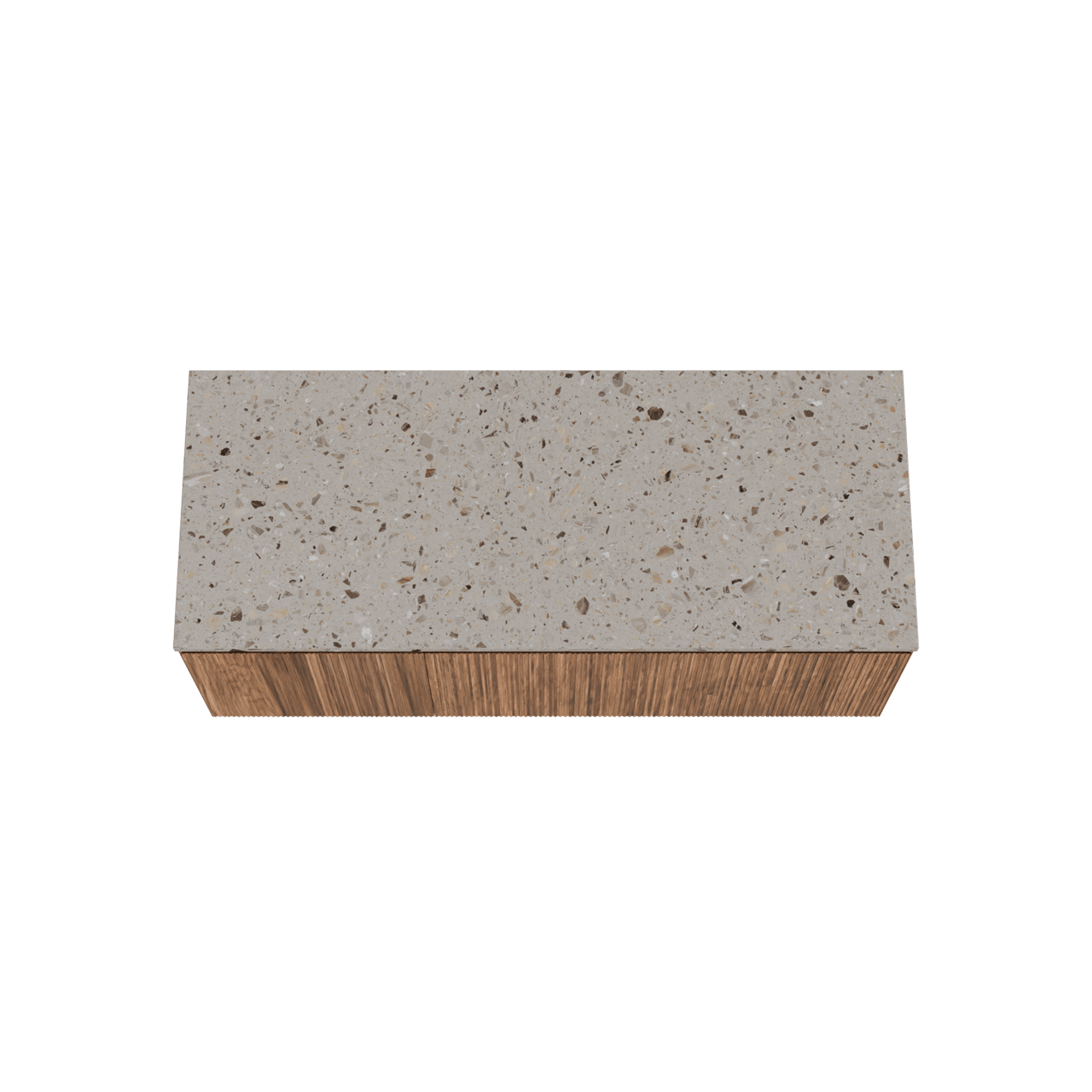 Balmani Fila hängendes Möbelstück Set: 135 x 55 cm, Nussbaum, mit Stretto Einzel- oder Doppel Waschtischplatte, Terrazzo in Greige, Vertikale symmetrische gerade Rippe