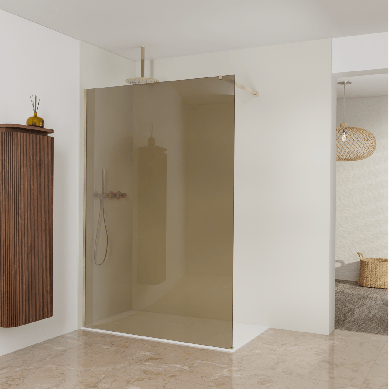 Balmani Modular Walk-In Dusche: 140 x 200 cm, Bronze Glas, inklusive Coating, Profil Brushed Champagne Gold